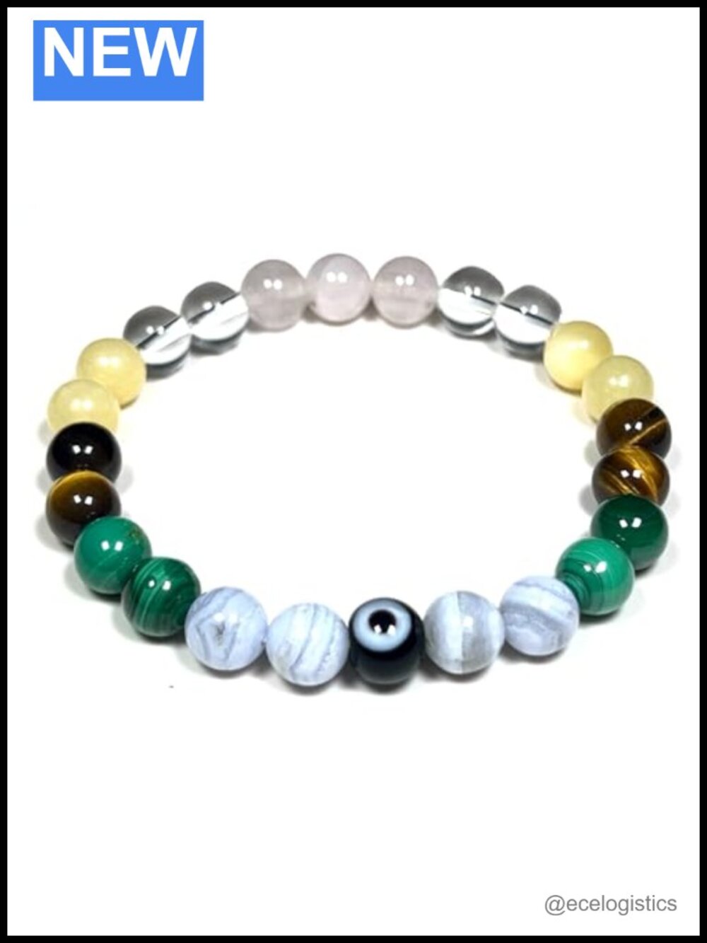 Crystal Beaded Bracelet Malachite Tiger's Eye Rose Quartz Evil Eye Stretch